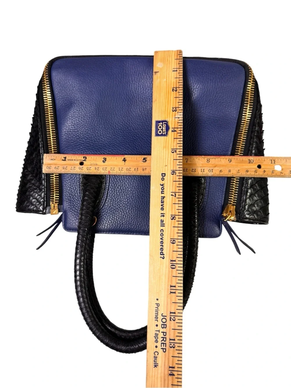 Paige Gamble Blakeley Blue Leather Black Python Exotic Zipper Satchel Tote Bag